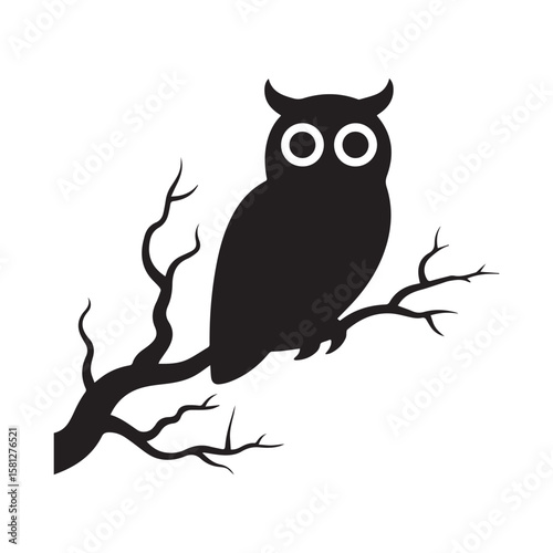 Cute cartoon owl character with big eyes on a tree branch, a wise nocturnal bird illustration for nature and wildlife designs