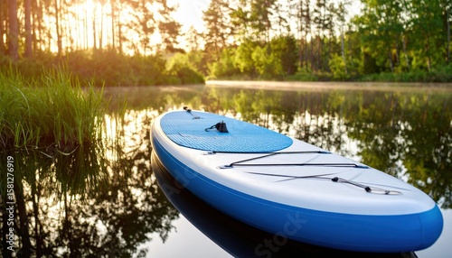 A long white or light blue SUP board resting quietly on a lake. The water reflects the trees and sky like a mirror, morning sunlight, a slight mist over the water.