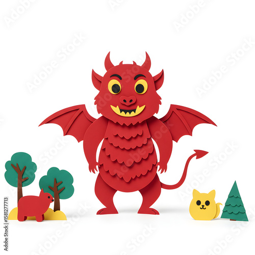 Friendly Devil Character Illustration: A cheerful red devil character with large wings and a playful expression stands amidst miniature papercraft trees, a pig, and a cat.