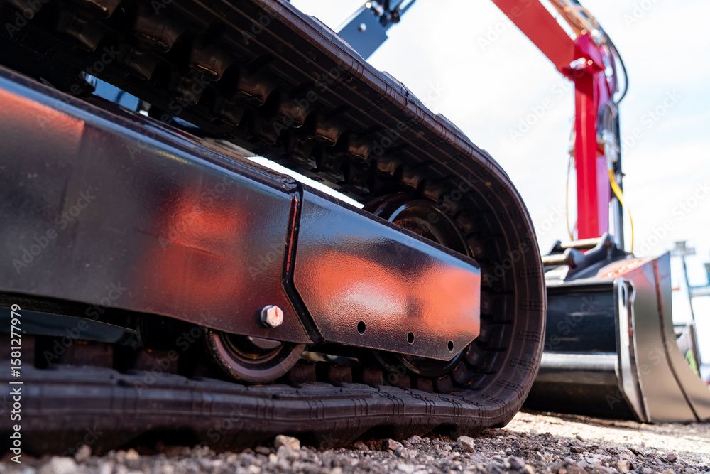 Naklejka premium Closeup view of excavator rubber track and metal undercarriage components on construction site with blurred red arm, heavy machinery and earthmoving equipment in industrial work environment