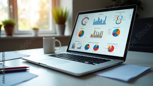 Modern laptop displaying colorful charts and graphs on a desk with a mug and plants near a window suggesting business analysis and productivity