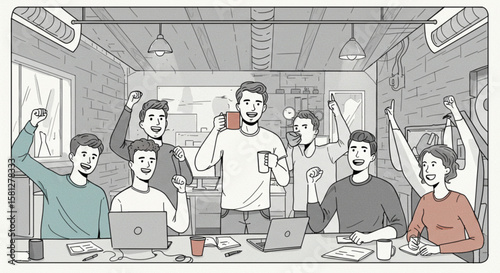 Successful business team celebrating a project victory in a modern office. Illustration of teamwork and achievement.