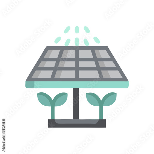 Icon sunshade for plants with solar panel and green leaves  