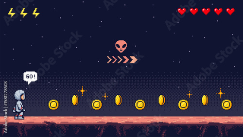 Astronaut in pixel art game level, collecting coins in outer space. Retro video game concept. Vector illustration for interface and design.