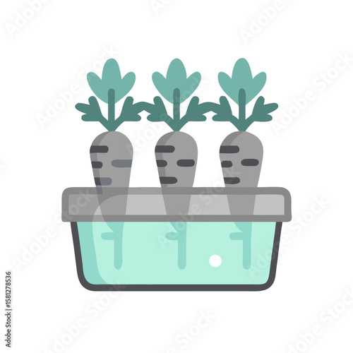 Icon carrot in container with water and green leaves  