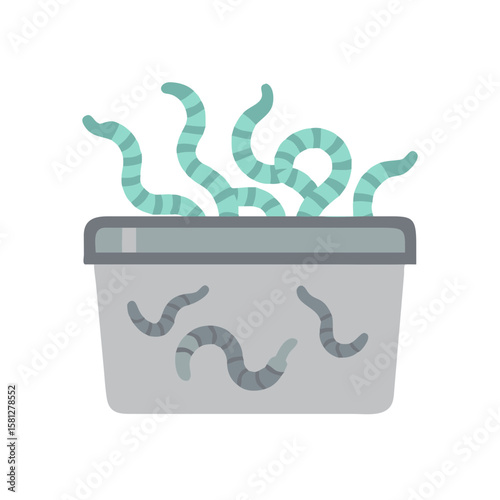 Icon composting worms in gray container for gardening  