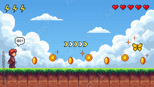 Pixel art game level vector with a young boy character, coins, and a butterfly. Retro video game concept.