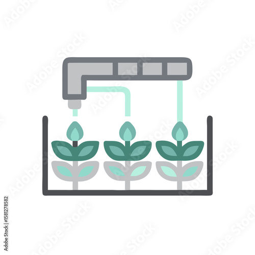 Drip irrigation icon with plants being watered in a garden bed  