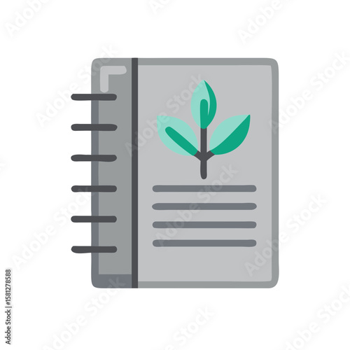 Gardening journal icon with green leaves on cover and spiral binding  