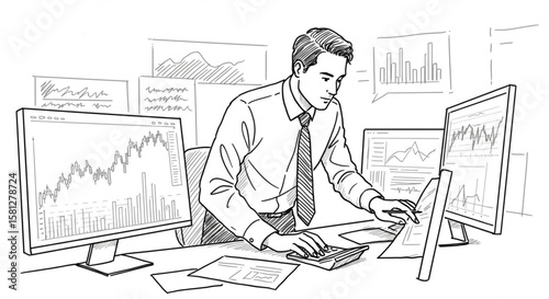 Businessman or stock trader analyzing financial data on multiple computer monitors. Hand-drawn vector sketch illustration of a professional working in finance.