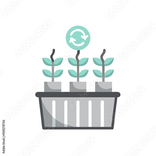 Recycled planter with green plants and recycling symbol icon  