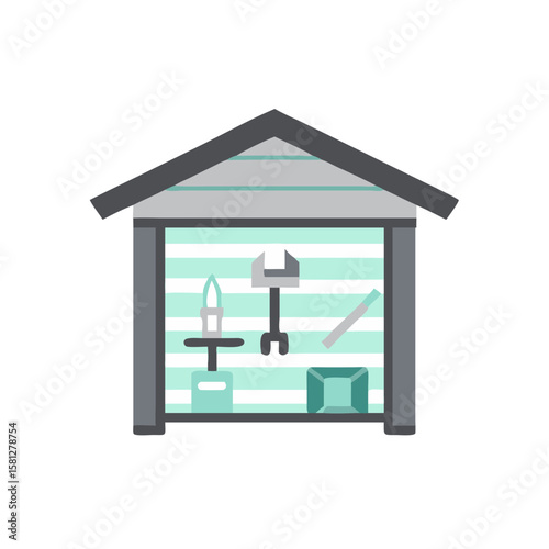 Icon of a small shed with tools in modern flat design  