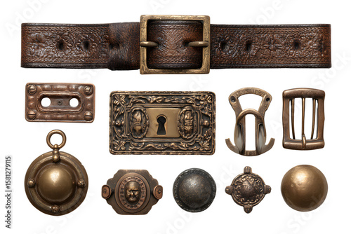 Vintage leather belt and buckles clip art, transparent background