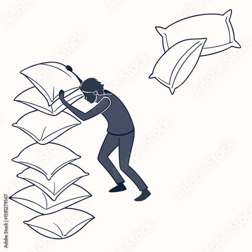 Person struggling to stack pillows and pillows flying away