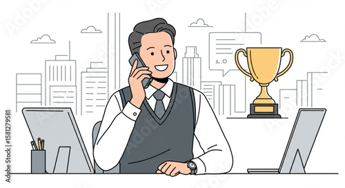 Successful businessman talking on the phone in his office with a golden trophy, celebrating a victory and achievement.