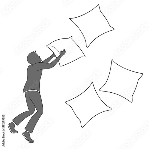 Man in suit throwing pillows in the air with glee