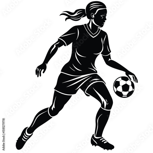 Silhouette of a female soccer player dribbling a ball with dynamic movement