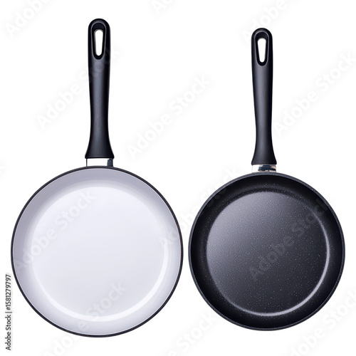 White and Black Non-Stick Frying Pans Side by Side for Cooking Needs, isolated on transparent background.
