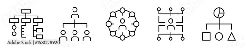 Conjunto de iconos de organigrama. Estructura jerárquica. Distribución de cargos, división de funciones, conexión entre áreas, niveles jerárquicos y representación esquemática. Ilustración vectorial