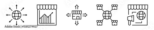 Conjunto de iconos de expansión de mercado. Estrategia comercial. Crecimiento global, análisis estadístico, diversificación territorial, presencia internacional y promoción. Ilustración vectorial