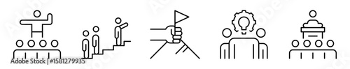 Conjunto de iconos de liderazgo. Capacidad de guiar. Mentoría, impulso al crecimiento, toma de iniciativa, visión compartida y discurso. Ilustración vectorial 