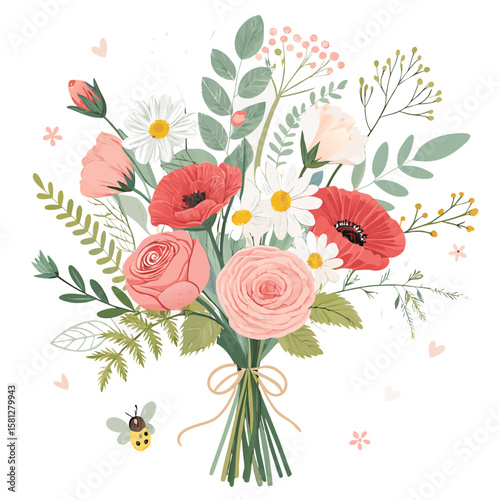 Whimsical Floral Bouquet Illustration – Pink Roses, White Daisies, Greenery, and Butterflies with Brown Ribbon