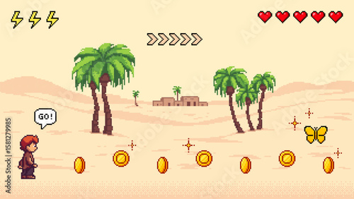 Pixel art game desert level with a boy, palm trees, coins, and health bar. Retro 8-bit adventure game concept.