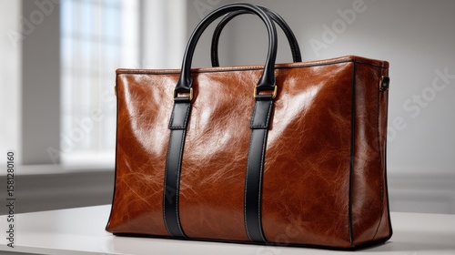 Elegant brown leather handbag with black handles on white surface, showcasing luxury and style. Ideal for fashion, retail, and luxury advertising.