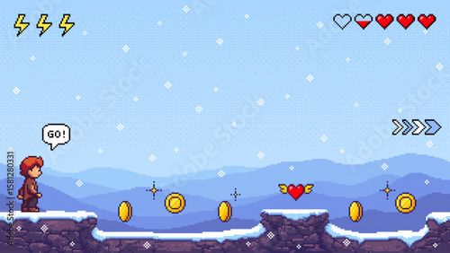 Pixel art winter game level with person, gold coin, heart icon, and lightning. Retro style adventure video game screen.