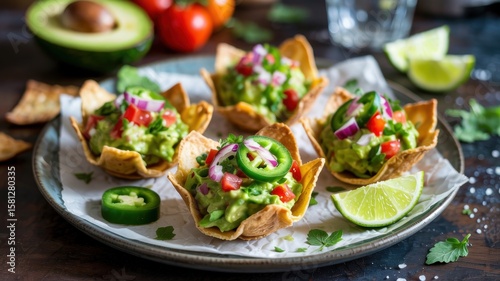 The appetizer is served with crispy tortillas filled with a mixture of creamy avocado, spicy lime juice, crispy red onion, spicy jalapeno and juicy tomatoes.