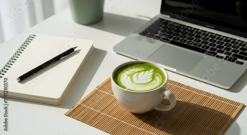 Matcha Latte With Laptop And Notebook On Minimalist Bright Workspace Desk