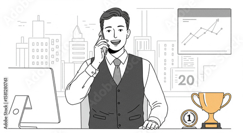 Corporate success illustration of a happy businessman on a phone call, celebrating a first-place achievement with a trophy.