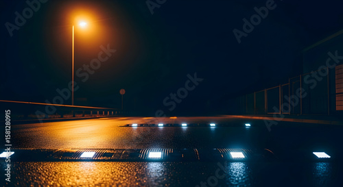 Illuminated speed bumps guide drivers on a dimly lit road at night enhanced visibility for safety