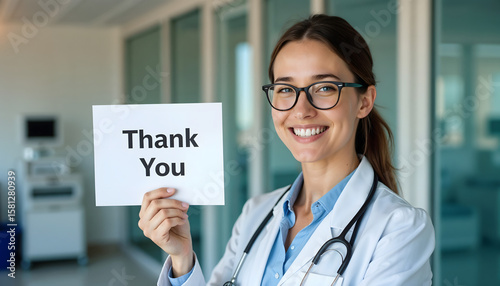 Female doctor smiling and holding thank you card in hospital setting  
