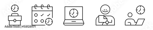 Conjunto de iconos de horario laboral. Organización del tiempo. Planificación de jornada, agenda, registro, responsabilidades y control del tiempo. Ilustración vectorial