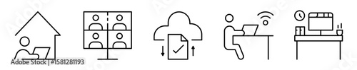 Conjunto de iconos de empleo remoto. Trabajo a distancia. Oficina en casa, videollamadas grupales, almacenamiento en la nube, conexión y organización. Ilustración vectorial 