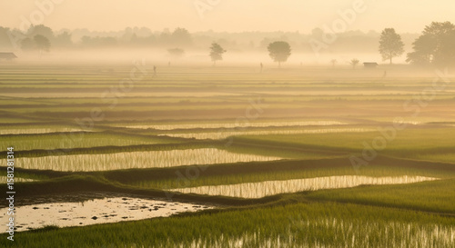 Serene sunrise over misty rice paddies, showcasing a tranquil rural landscape at dawn.