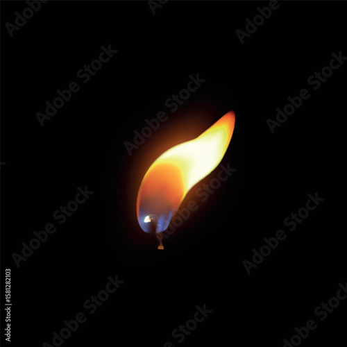 Realistic candle fire flame, vector 3D flare texture on black background, closeup burning wick, memorial candlelight