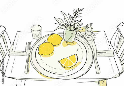 minimalist sketch of a set table with lemons, carefree summer, azure coast atmosphere