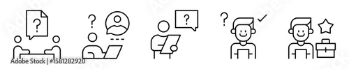 Conjunto de iconos de entrevista de trabajo.  Proceso de selección laboral. Evaluación, entrevista, revisión de perfil, contratación y valoración de competencias. Ilustración vectorial