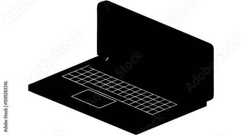 Isometric view of a black laptop with the screen open showing the keyboard and the trackpad area
