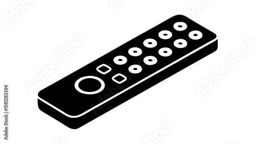 Illustration of a black remote control with multiple round and square buttons on a white background view