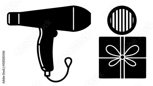 Illustration of a hair dryer with cord and a gift box with ribbon and circular decoration nearby
