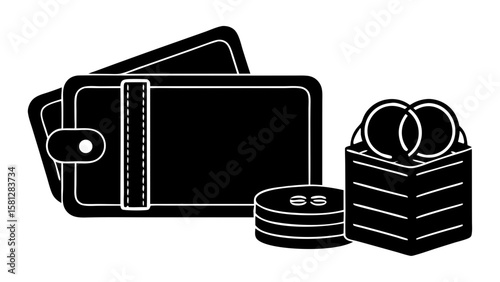 Illustration of a wallet with cards inside next to a stack of coins and a box full of coins
