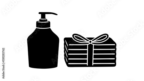 Illustration of a dispenser bottle and a stack of folded towels tied with a decorative ribbon bow design