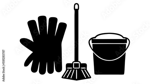 Illustration showing cleaning supplies including a bucket, broom, and protective glove in black and white