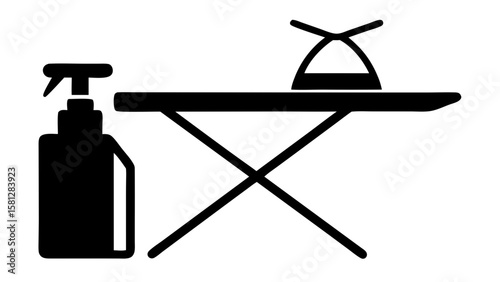 Illustration of a spray bottle next to an ironing board with an iron on top in black and white