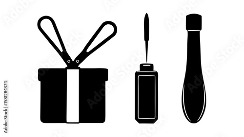 Illustration of a gift box with open scissors, a nail polish and a bottle on a white background