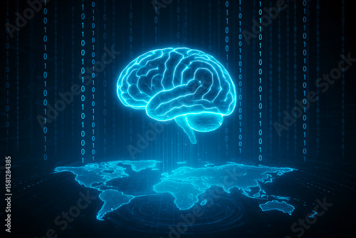Glowing AI Brain Floating Over Holographic World Map Surrounded by Binary Streams and Data in Futuristic Tech Environment
