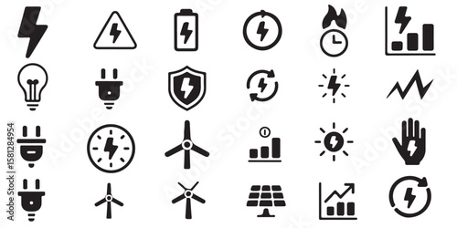 Collection of energy icons and symbols silhouette isolated on white background